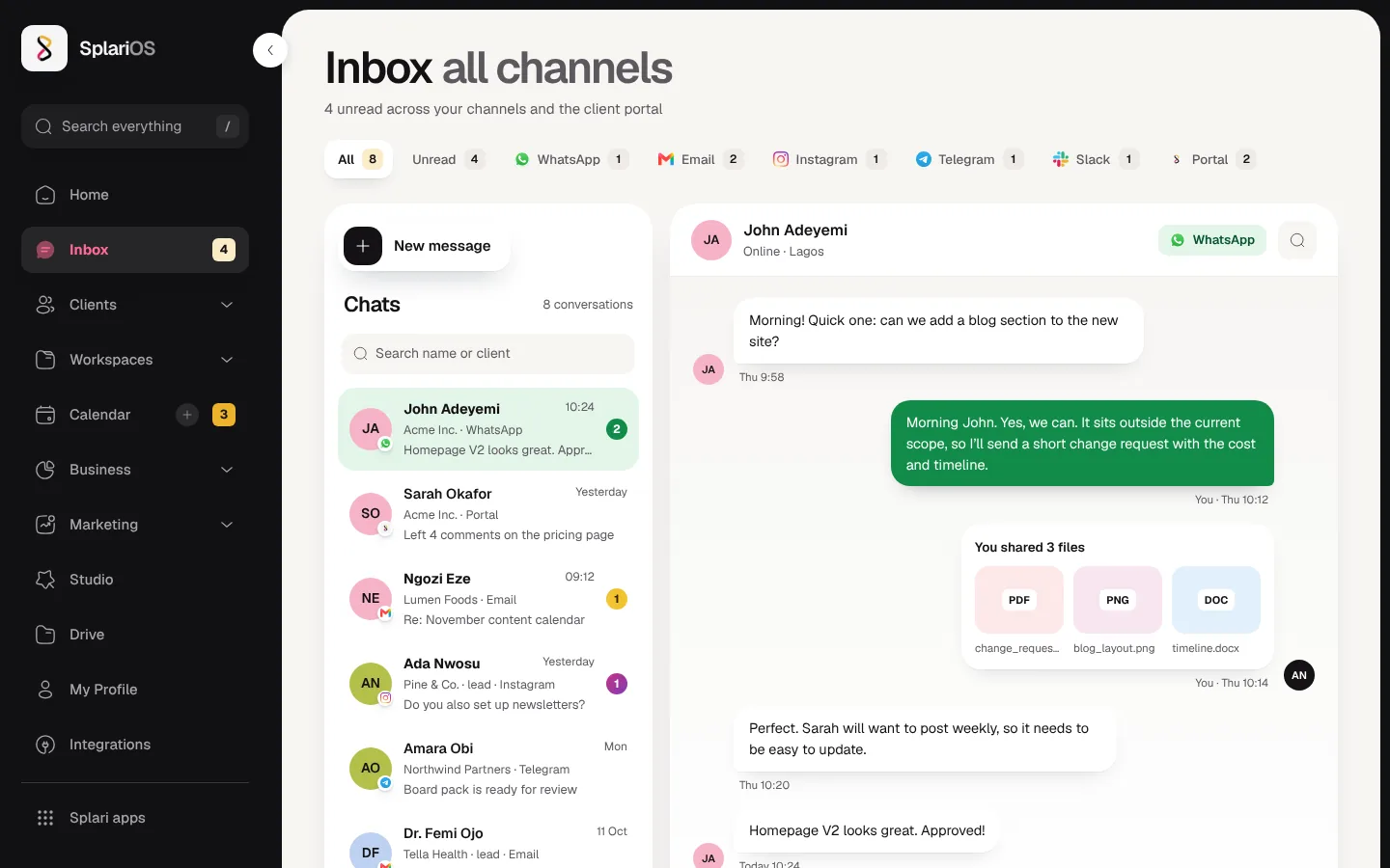 The Splari Workspace inbox with conversations from several channels and a client chat