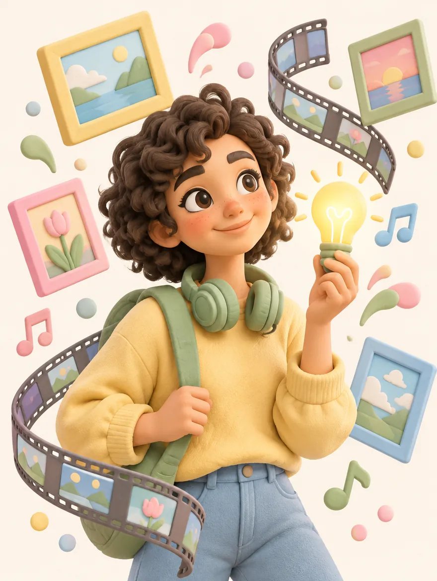 A clay-style illustration of a young creator holding a lightbulb