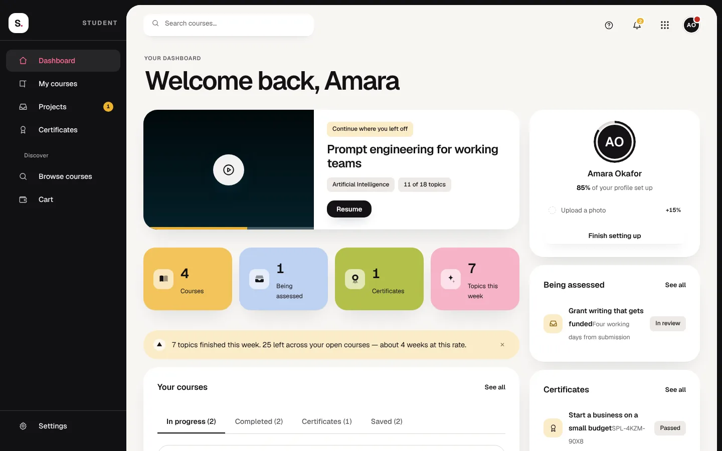 The Splari Academy dashboard with a course in progress and a project being assessed