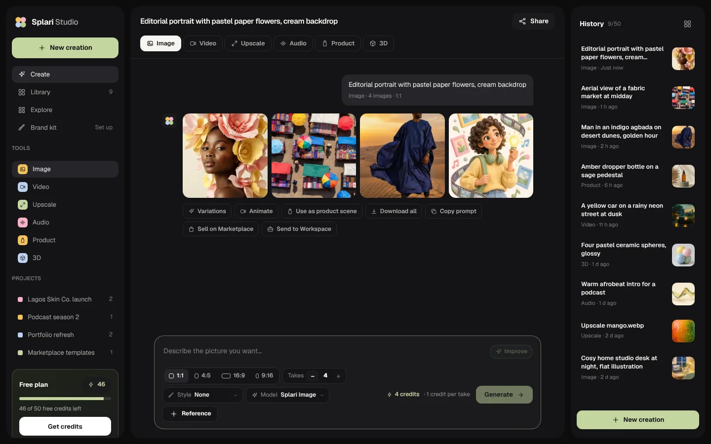 Splari Studio with four generated pictures from one prompt