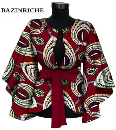 BAZINRICHE Fashion African Clothes for Women Blouse Elegant v neck with Belt Ankara Printing Shirt Butterfly Long Sleeve Top Lady clothing Wy9871, Women's, Size_2XL, Multicolor