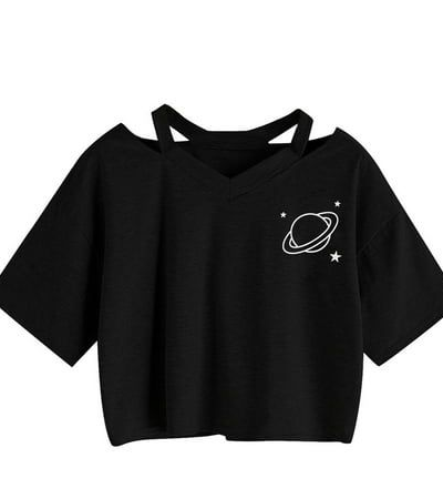 Floleo Women's Tops Clearance Summer Women Casual Planet Printed Tank Short Sleeve Top Blouse Crop Shirt, Size_XL, Black