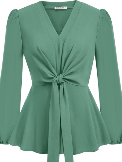 GRACE KARIN 2024 Women's Elegant Peplum Tops V Neck Tie Front Short Bell Sleeve Shirts Tops Blouse
