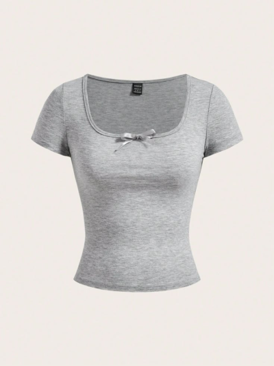Light Grey Knitted Women's Summer Short Sleeve Tight T-Shirt With Bow Decorated Square Neckline