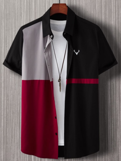 Men Elk Embroidery Colourblock Shirt Without Tee