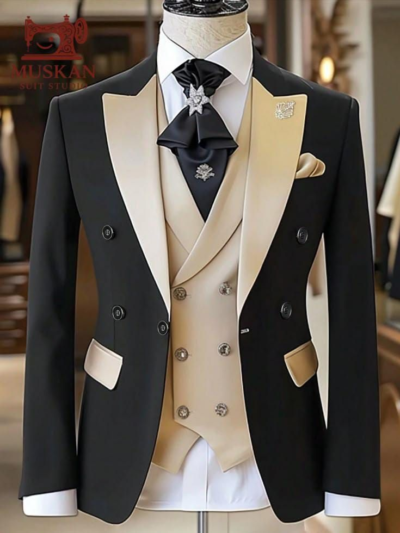 Men's Black Tuxedo Suit_ Double Breasted Blazer, Cream Waistcoat & Trousers