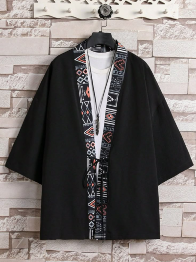 Men's Geometric Printed Patchwork Shirt , Baggy Short Sleeve Kimono Graphic Vintage Husband