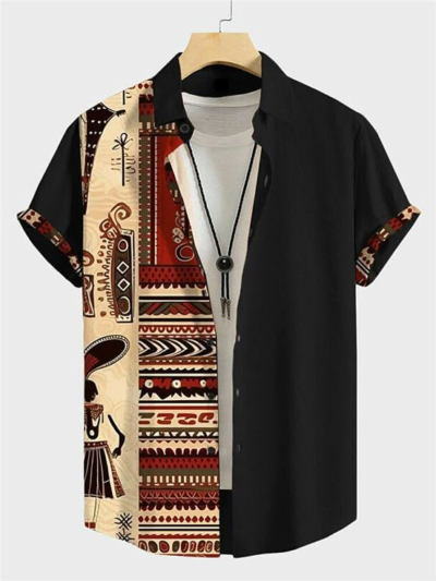 Men's Tribal Ethnic Bandana Print Shirt Button Up Shirt Short Sleeve Vintage Tribal Outdoor Street Casual Daily Fall Turndown Buttons Print Black Blue Brown