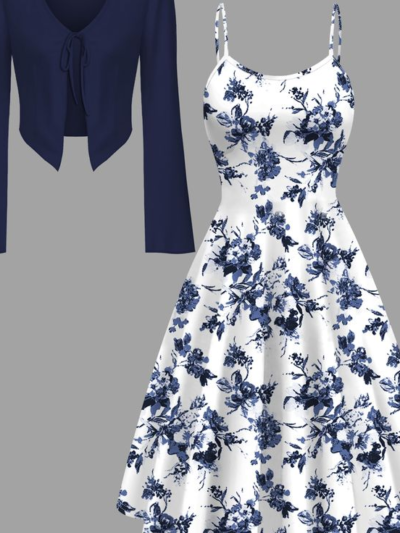 Set ng damit para sa babae, solidong kulay na round neck na may tali, long sleeve na top T-shirt at floral print na damit na two-piece set, elegante at makabago, angkop para sa -, , lakad, date, biyahe, at -commute