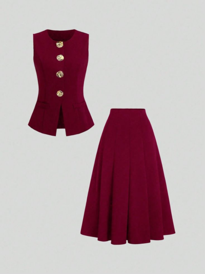 Sleeveless Women Business Suit Sets With Big Metal Buttons Vest And Long Skirt For Spring And Summer