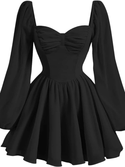 Verdusa Women's Long Sleeve Sweetheart Neck Lantern Sleeve Ruched Bust Ruffle Trim Mini Dress