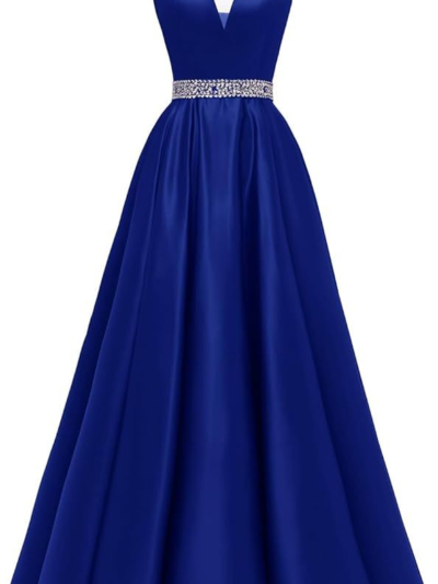 Yexinbridal Spaghetti Straps Prom Dress Long Satin Beaded V-Neck Formal Evening Party Ball Gowns with Pockets